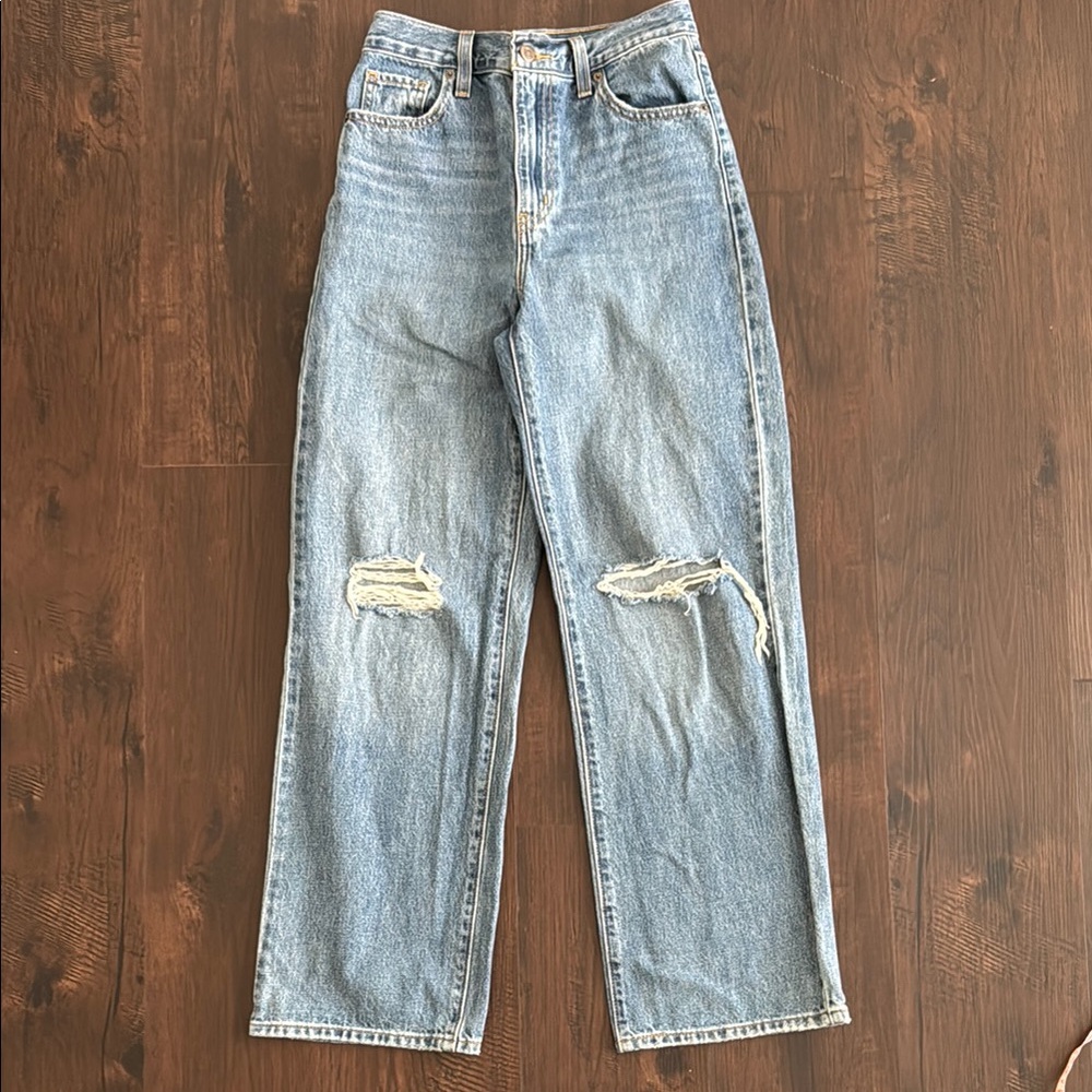 LEVI'S DENIM JEANS HIGH WAIST STRAIGHT LEG LIGHT BLUE WASH DISTRESSED RIPPED